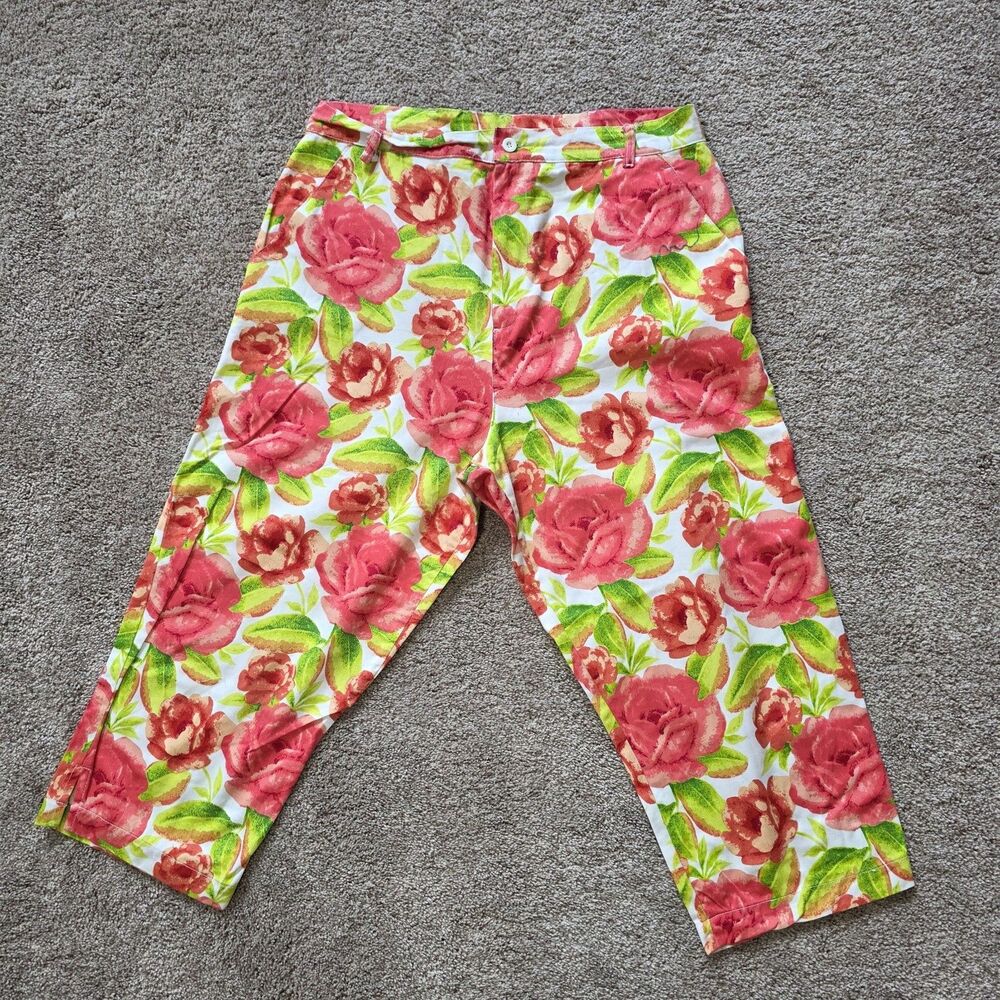 Vintage 90s Shanna Floral Capri Pants 100% Cotton Pink Rose Size 16 Cottagecore